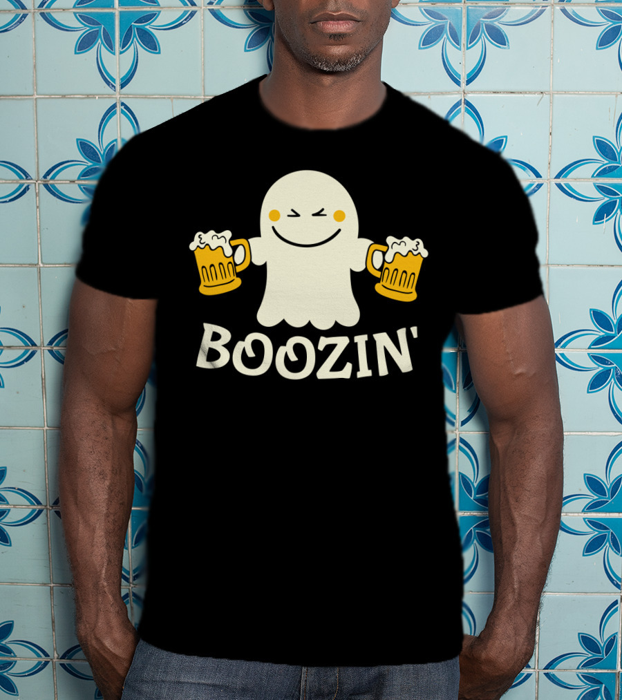 Boozin Ghost With Beer Mugs Halloween Fun T-Shirt