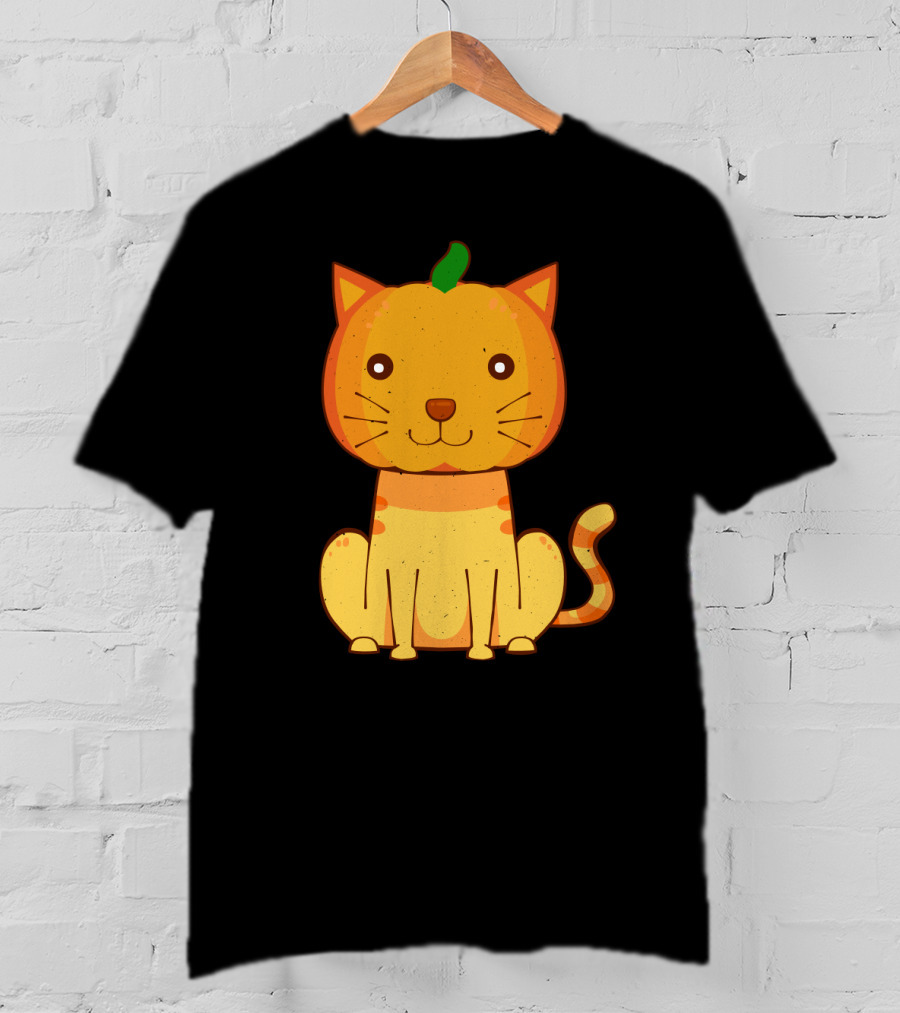 Halloween Pumpkin Cat Face And Striped Tail Whiskers T-Shirt