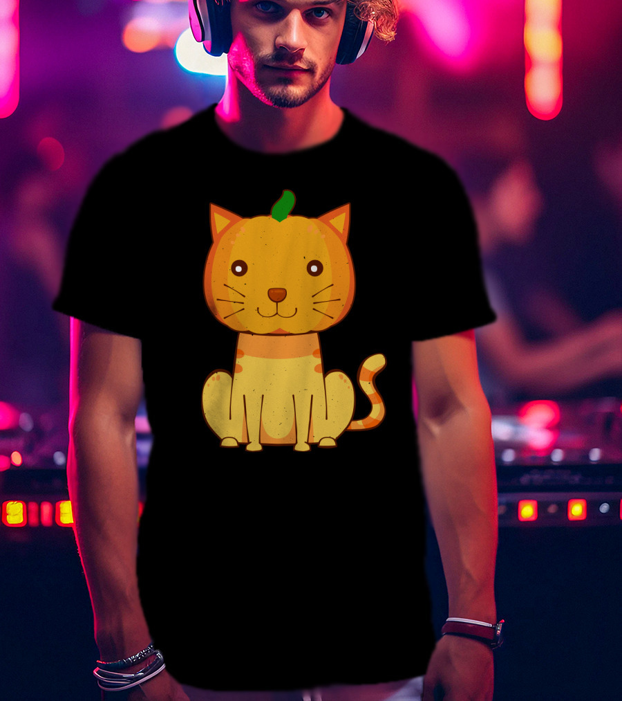Halloween Pumpkin Cat Face And Striped Tail Whiskers T-Shirt