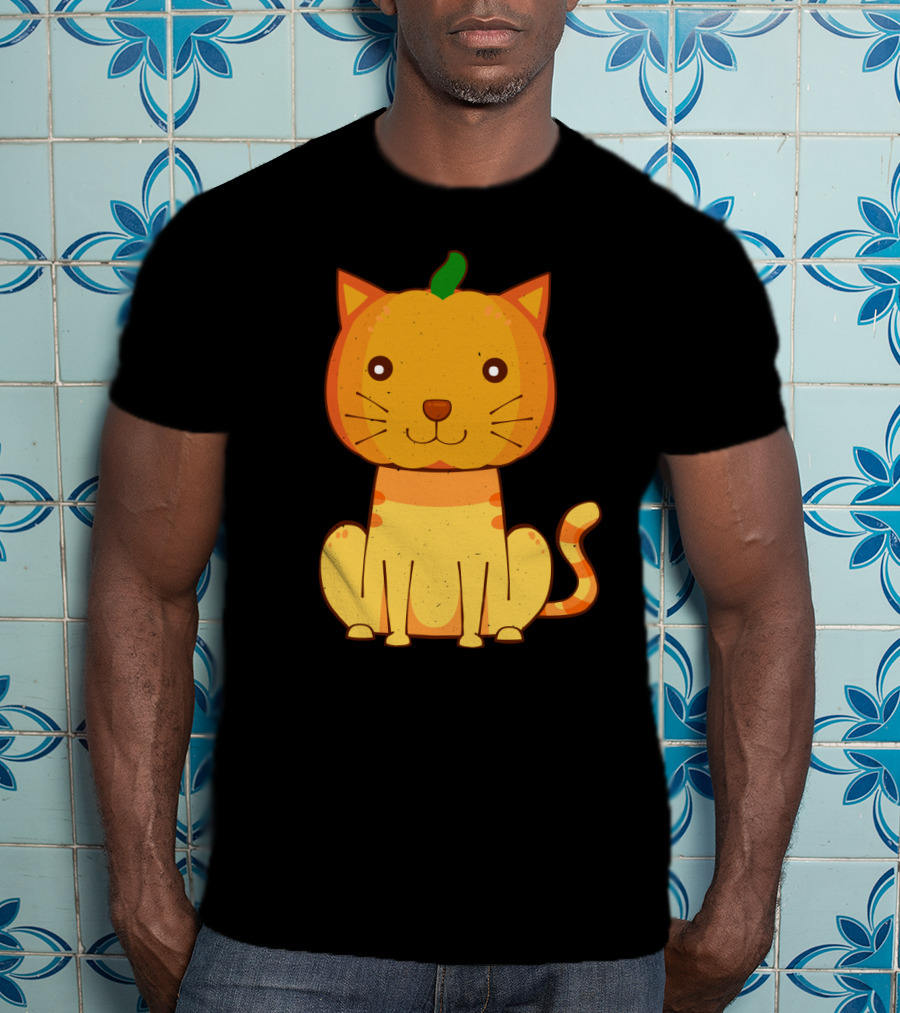 Halloween Pumpkin Cat Face And Striped Tail Whiskers T-Shirt