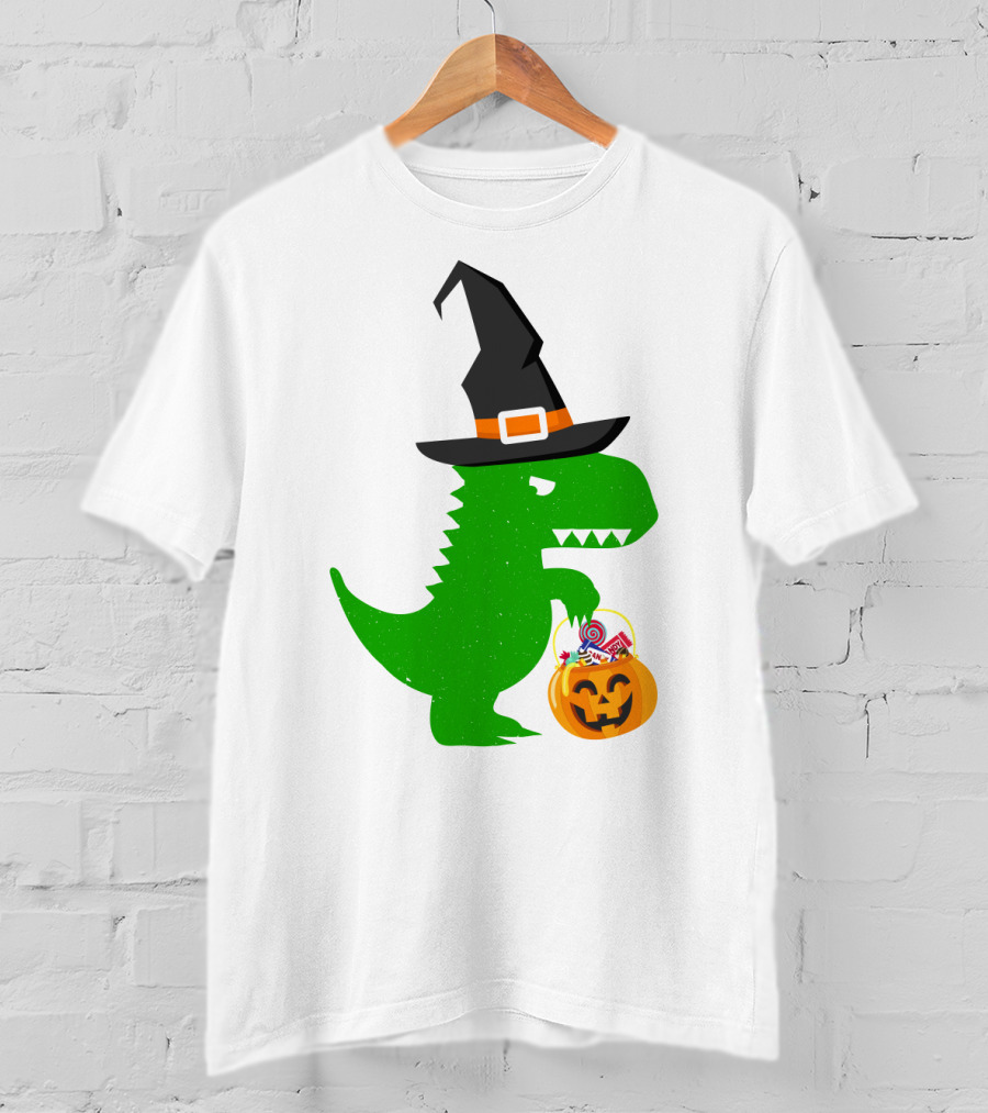 Witch Hat Dinosaur With Pumpkin Candy Bucket Halloween T-Shirt