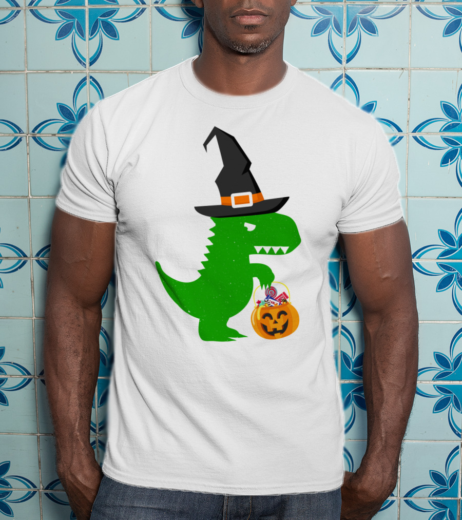 Witch Hat Dinosaur With Pumpkin Candy Bucket Halloween T-Shirt