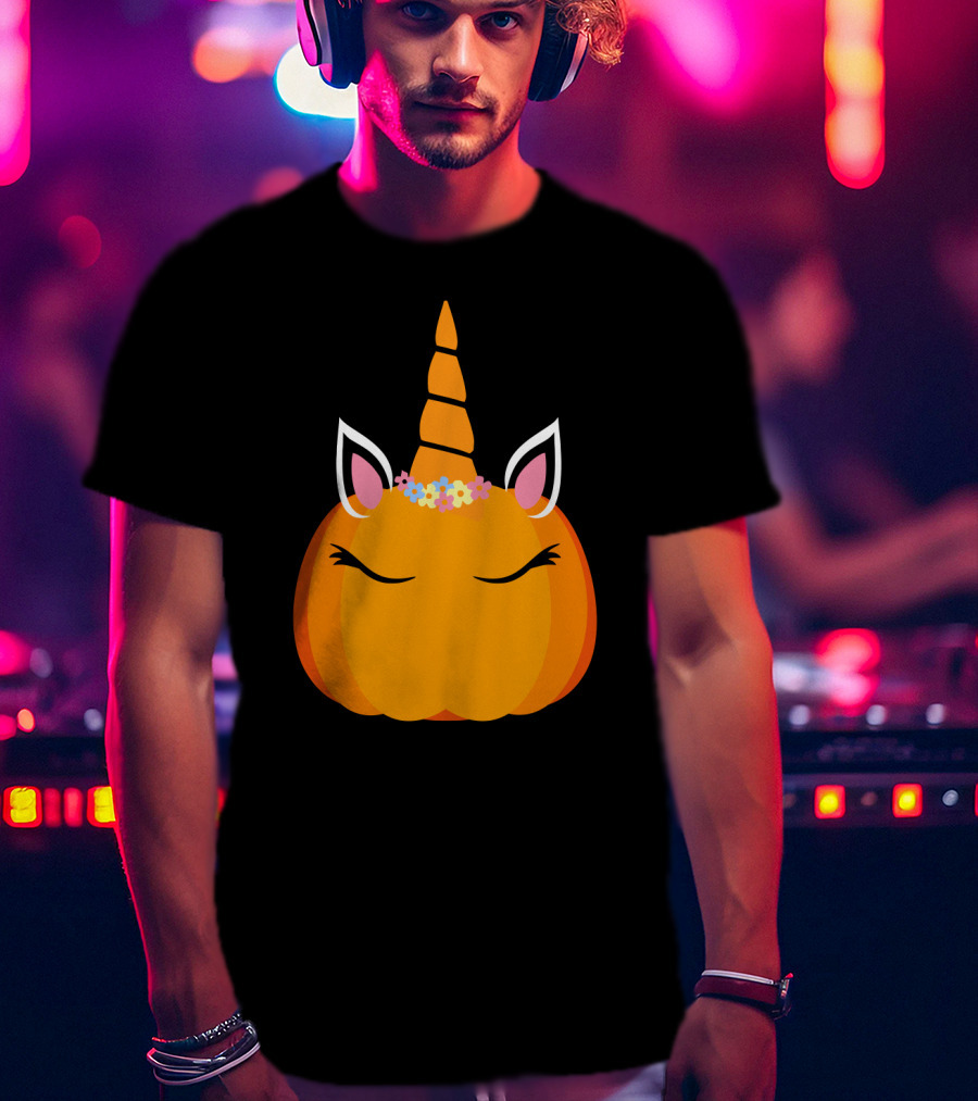 Unicorn Pumpkin With Floral Crown And Sleepy Eyes T-Shirt