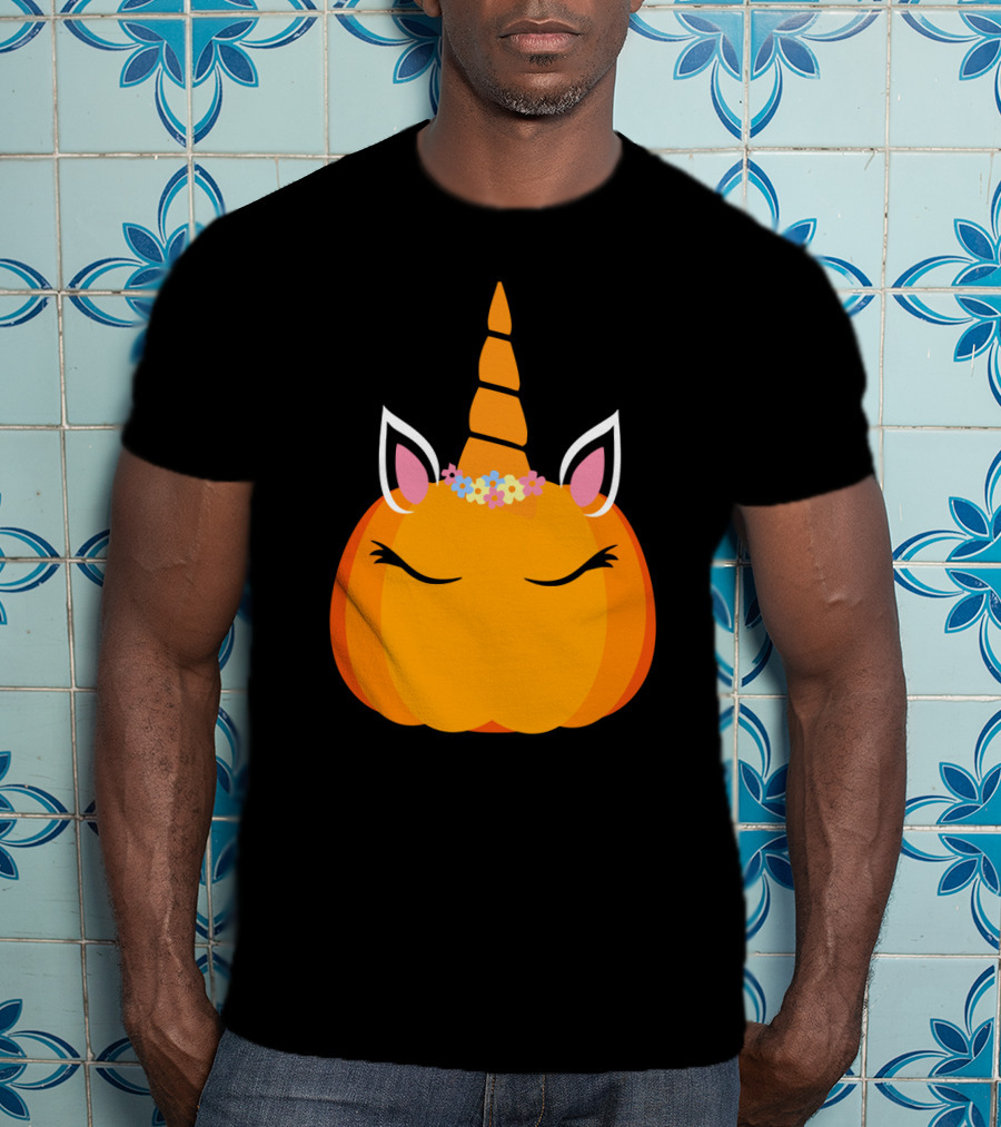 Unicorn Pumpkin With Floral Crown And Sleepy Eyes T-Shirt