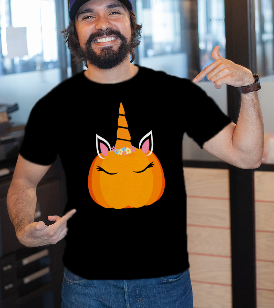 Unicorn Pumpkin With Floral Crown And Sleepy Eyes T-Shirt