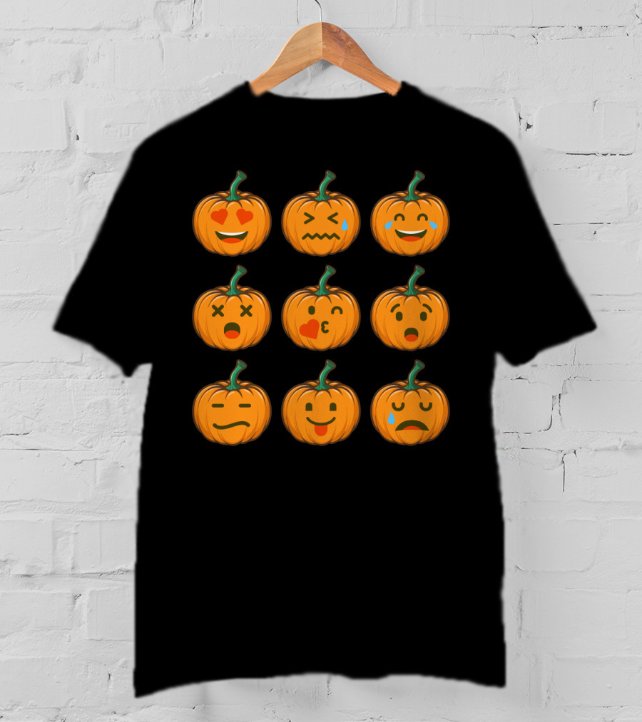 Nine Cute Pumpkin Emoji Expressions With Heart Eyes And Tears T-Shirt