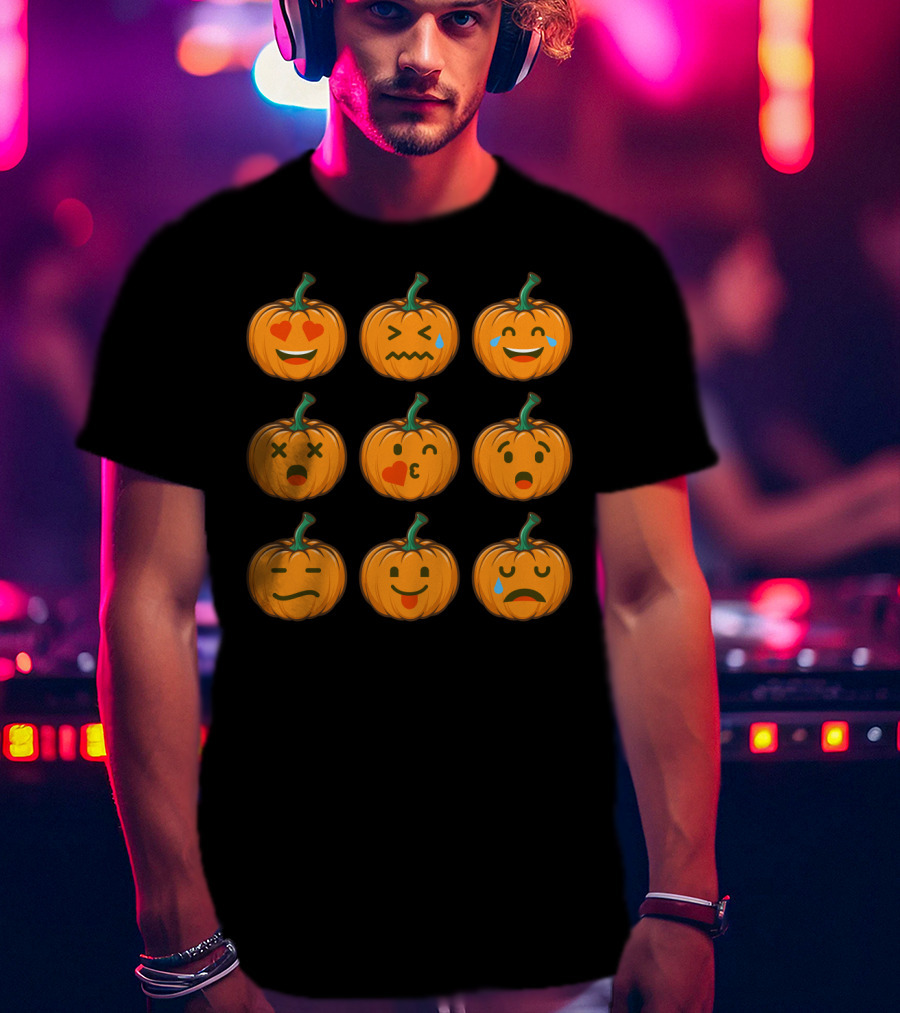 Nine Cute Pumpkin Emoji Expressions With Heart Eyes And Tears T-Shirt