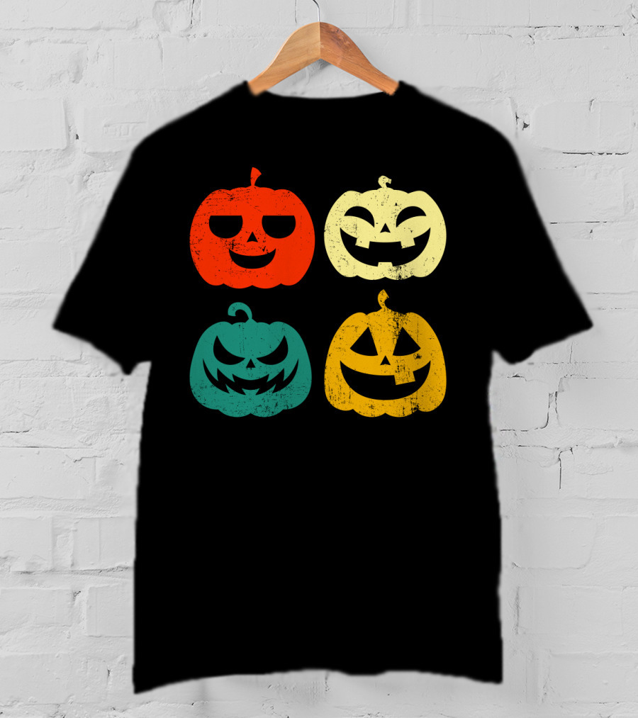 Retro Vintage Pumpkin Halloween Faces Quad Color Grid T-Shirt