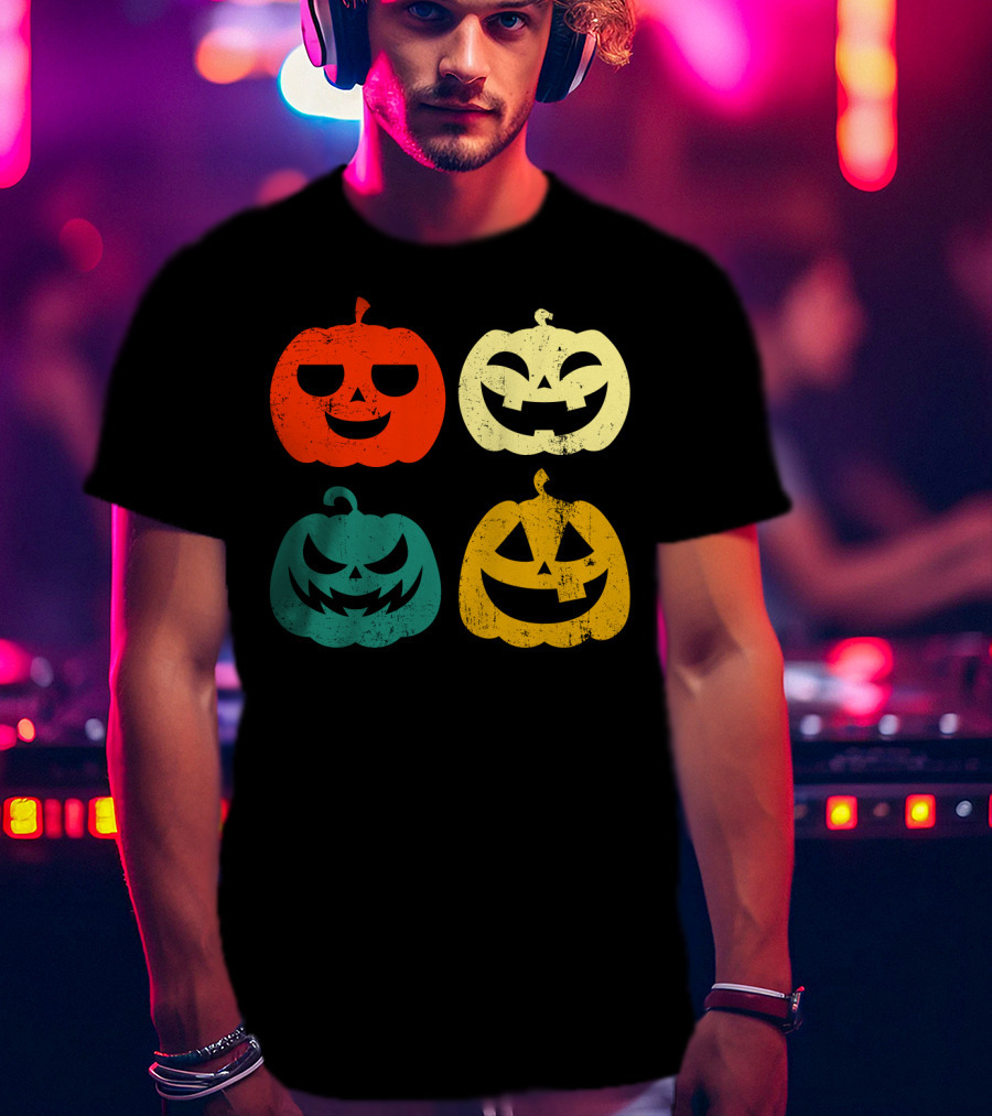 Retro Vintage Pumpkin Halloween Faces Quad Color Grid T-Shirt