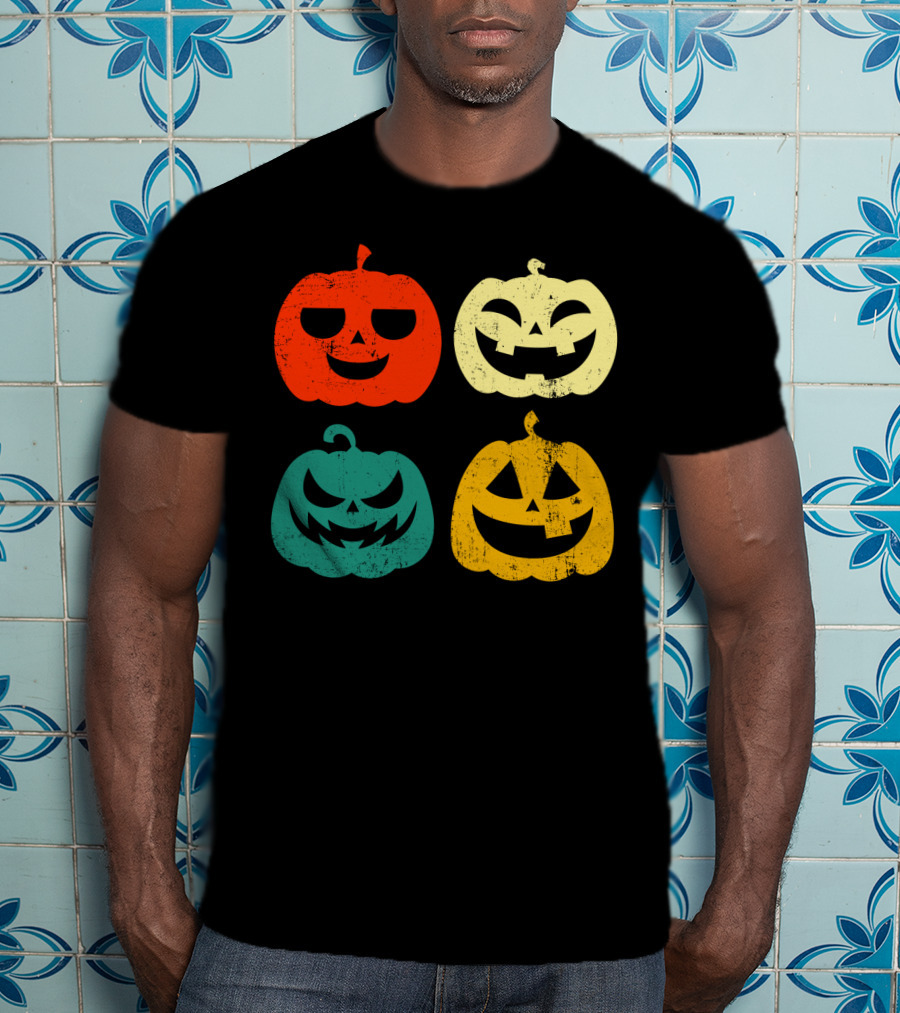 Retro Vintage Pumpkin Halloween Faces Quad Color Grid T-Shirt