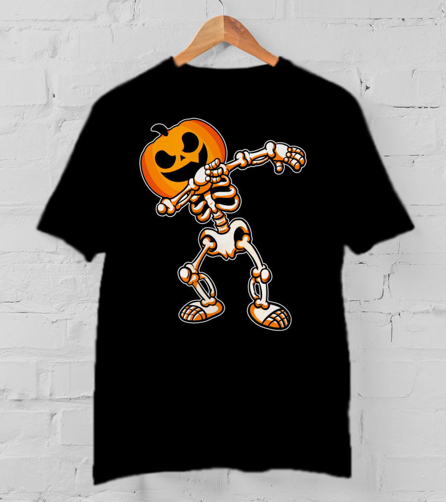 Dabbing Skeleton With Pumpkin Head Halloween Humor T-Shirt