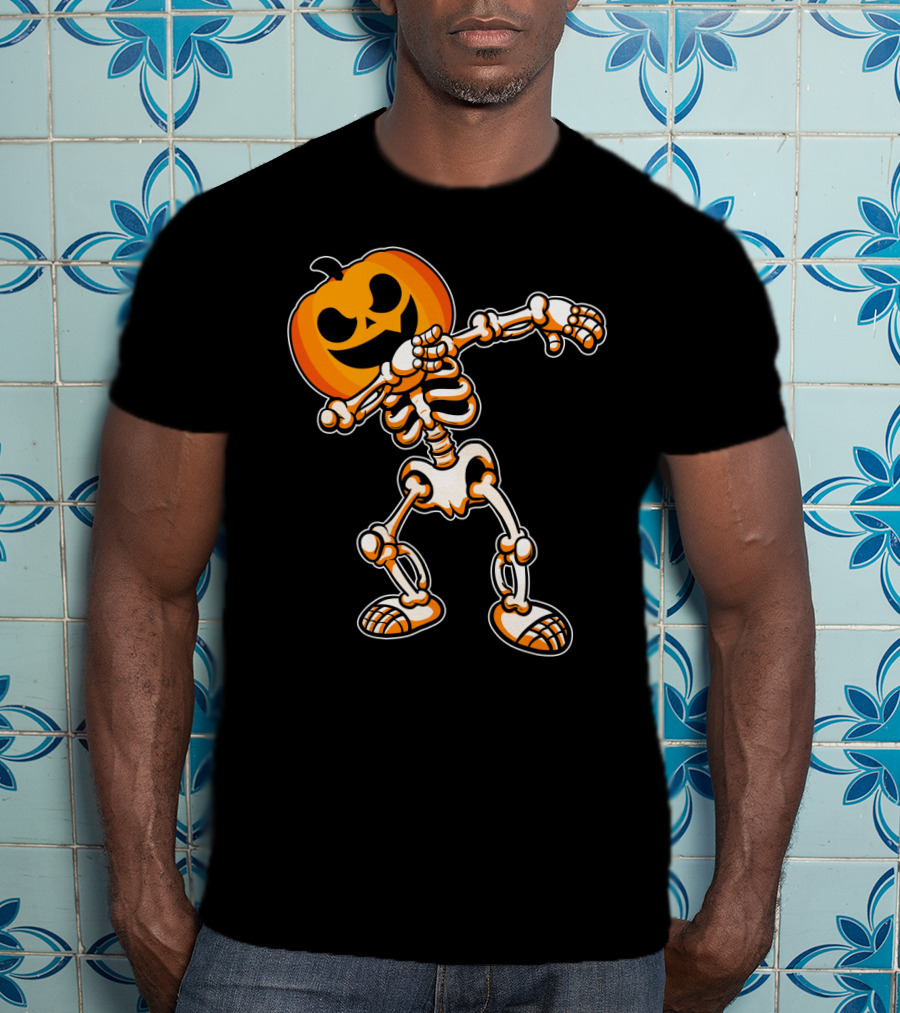 Dabbing Skeleton With Pumpkin Head Halloween Humor T-Shirt