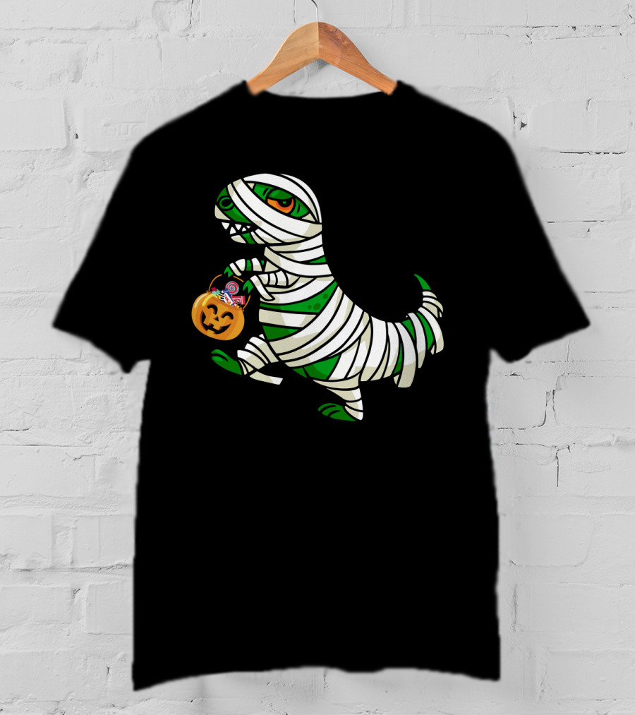 Mummy Dinosaur With Halloween Pumpkin And Candy Basket T-Shirt