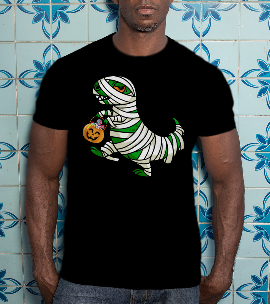 Mummy Dinosaur With Halloween Pumpkin And Candy Basket T-Shirt