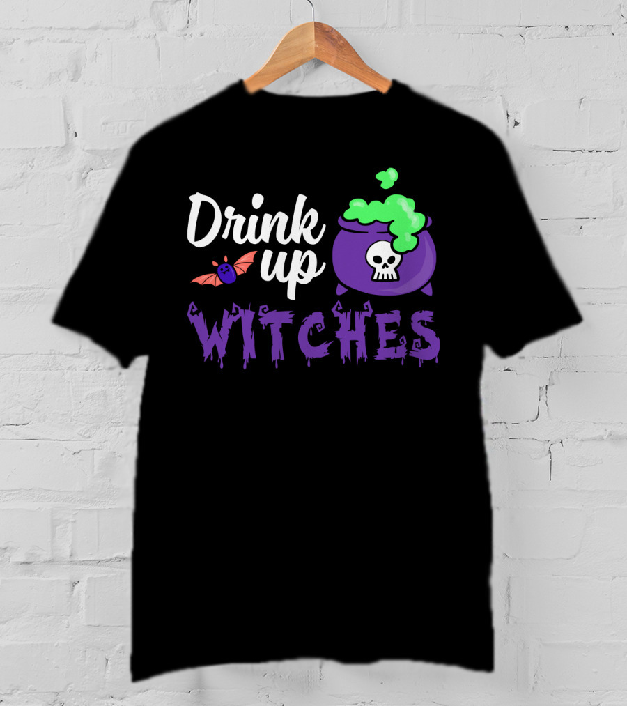 Drink Up Witches Purple Cauldron With Skull And Bat Elements T-Shirt
