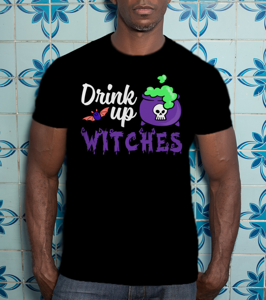 Drink Up Witches Purple Cauldron With Skull And Bat Elements T-Shirt