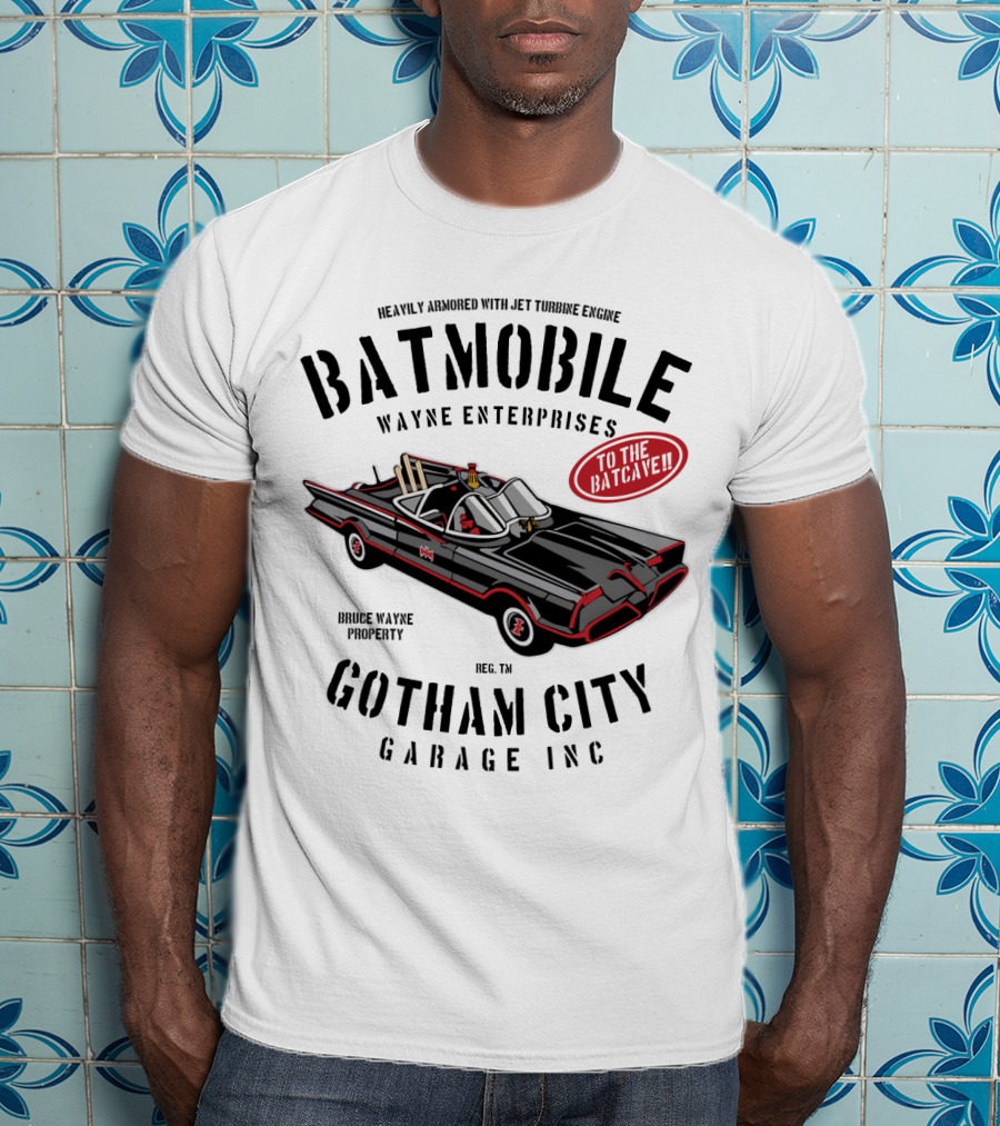BATMOBILE Heavily Armored Jet Turbine Engine Wayne Enterprises Gotham City Garage Inc Bruce Wayne Property T-Shirt