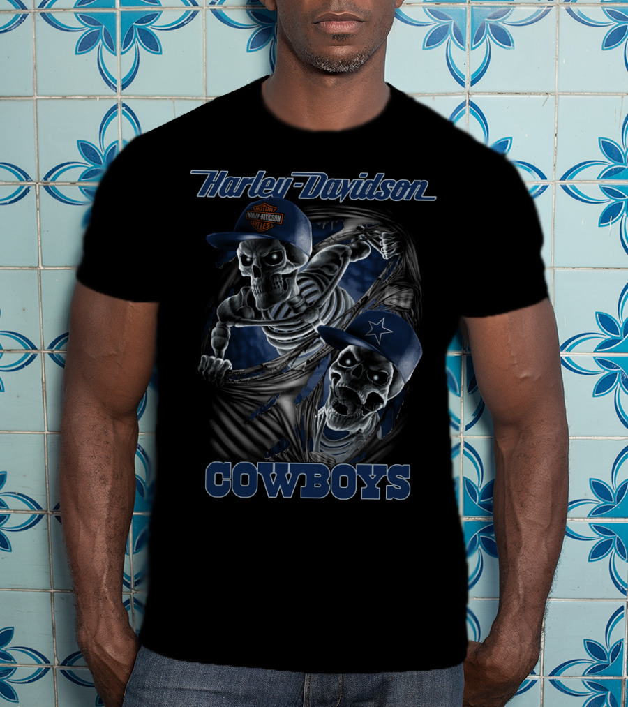 Harley Davidson Cowboys Skeletons In Caps Blue And Silver T-Shirt