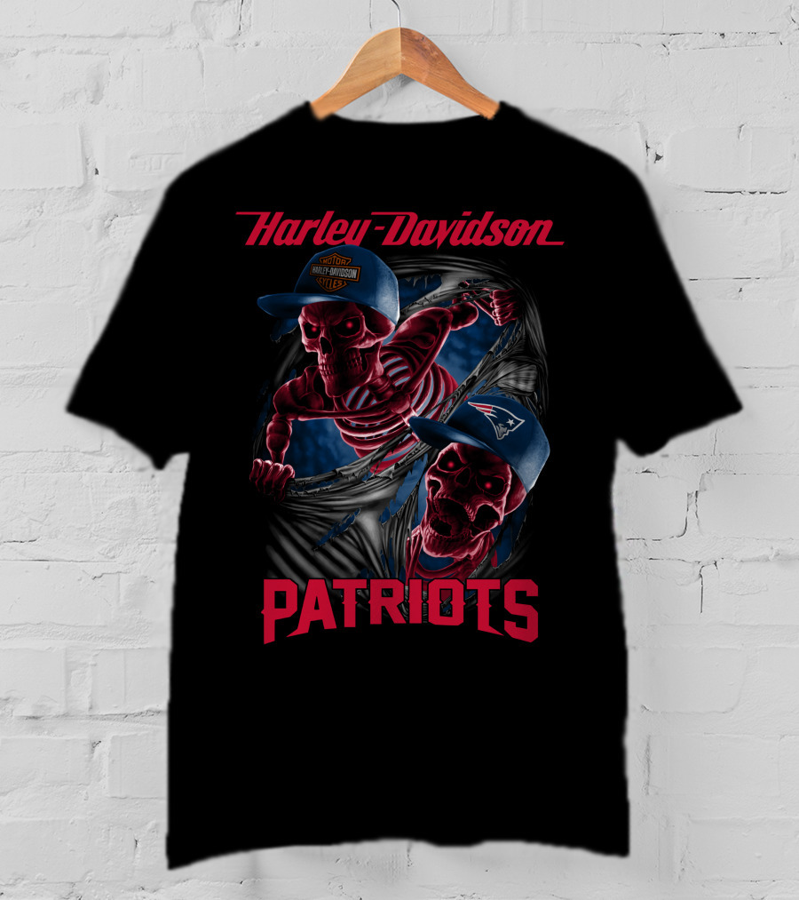 Harley Davidson Patriots Skeletons Breaking Through New England Caps T-Shirt