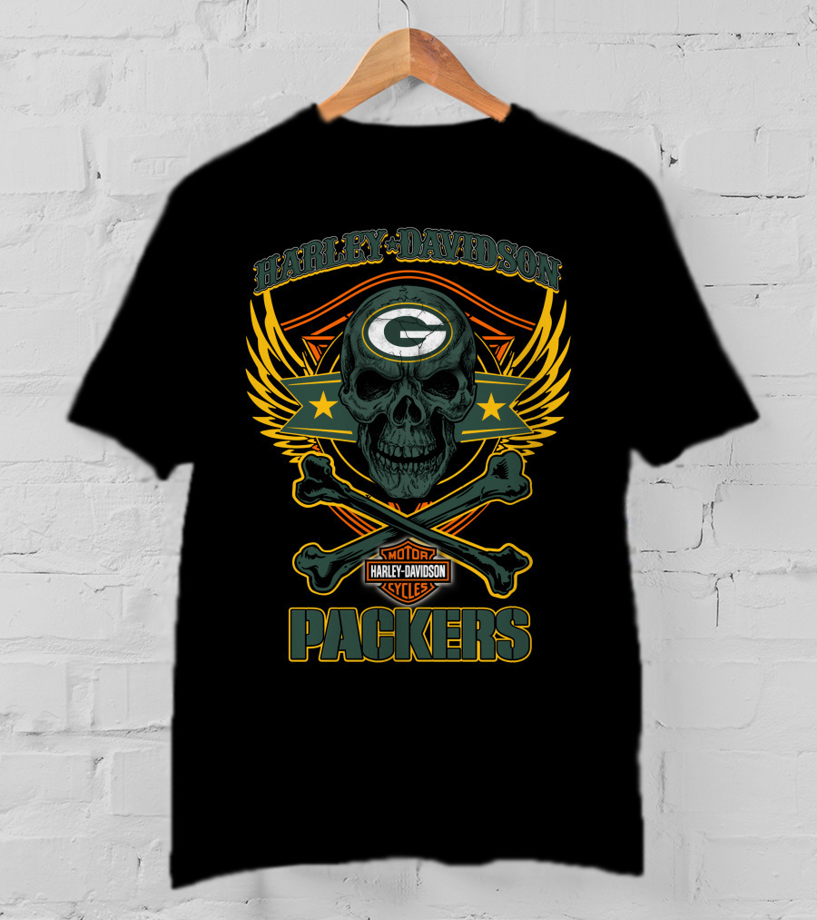 Harley Davidson Green Bay Packers Skull Motor Cycles T-Shirt