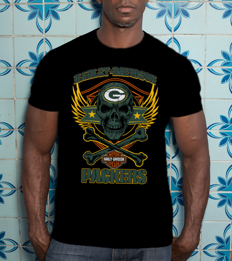 Harley Davidson Green Bay Packers Skull Motor Cycles T-Shirt