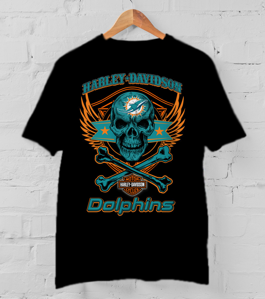 Harley Davidson Motorcycles Miami Dolphins Skull And Crossbones T-Shirt