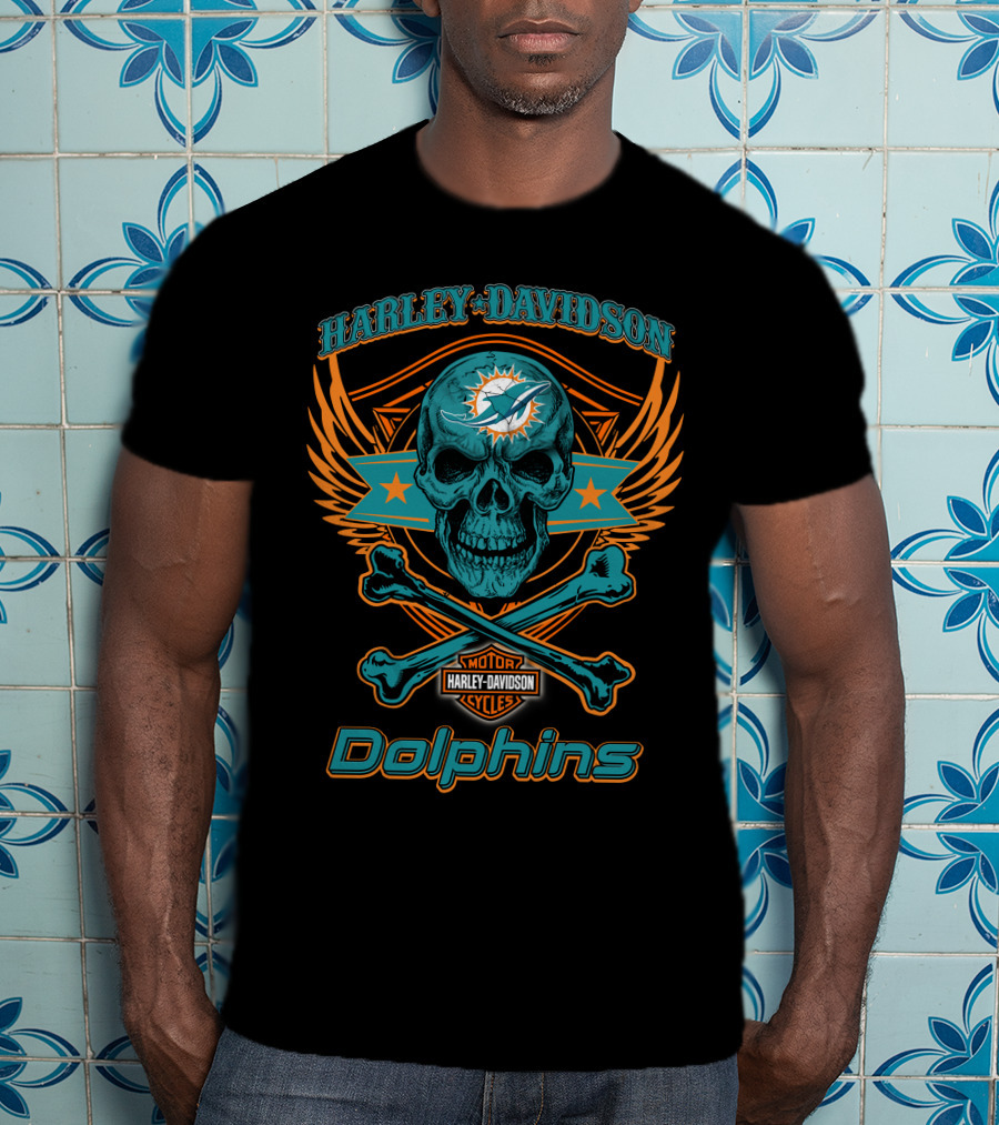Harley Davidson Motorcycles Miami Dolphins Skull And Crossbones T-Shirt
