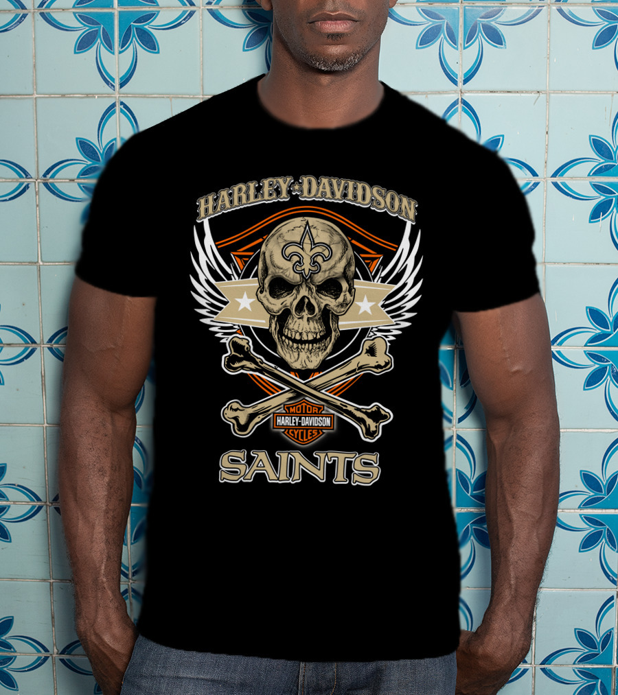 Harley Davidson New Orleans Saints Skull Fleur-De-Lis Wings T-Shirt