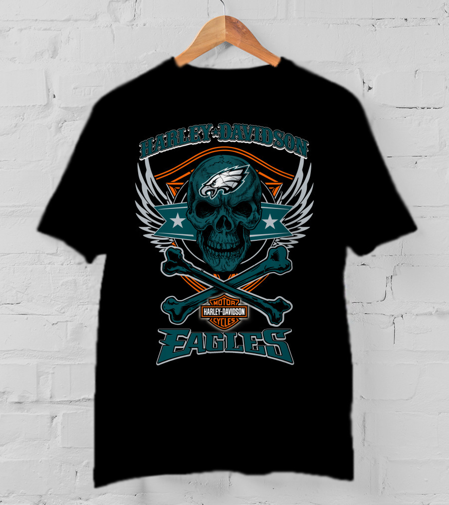 Harley Davidson Philadelphia Eagles Skull Wings T-Shirt