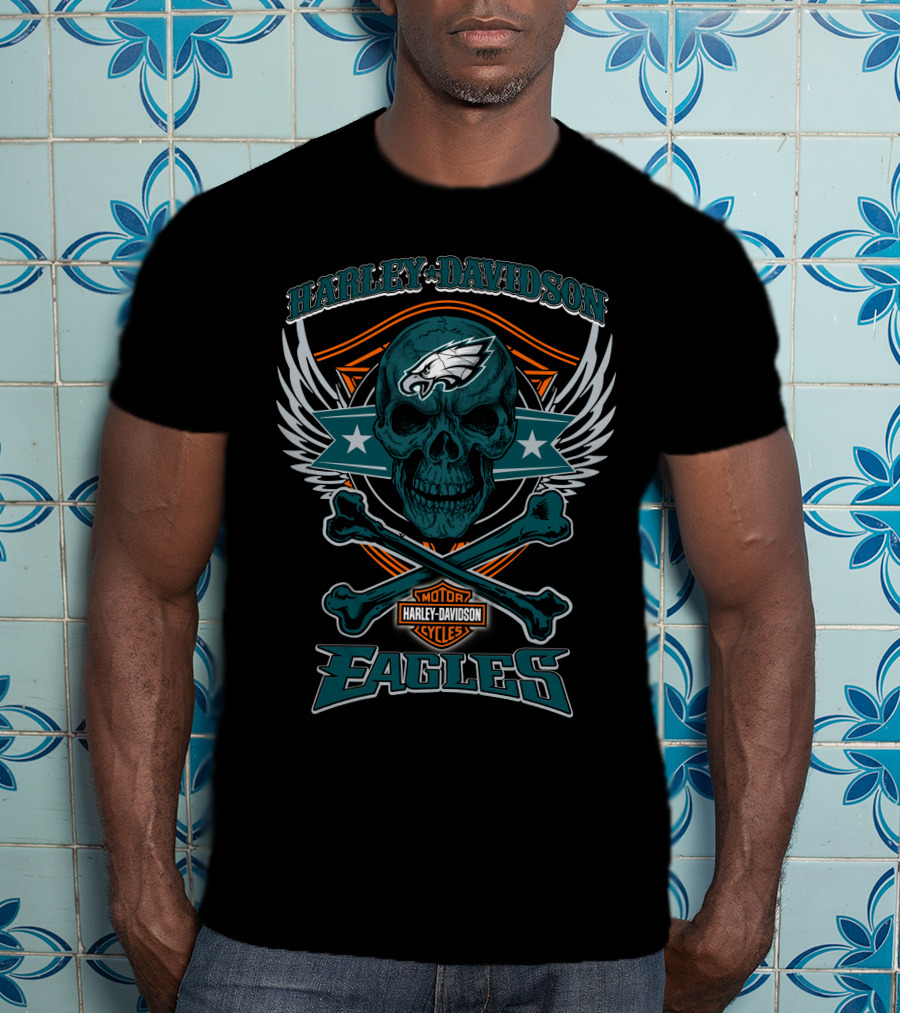 Harley Davidson Philadelphia Eagles Skull Wings T-Shirt
