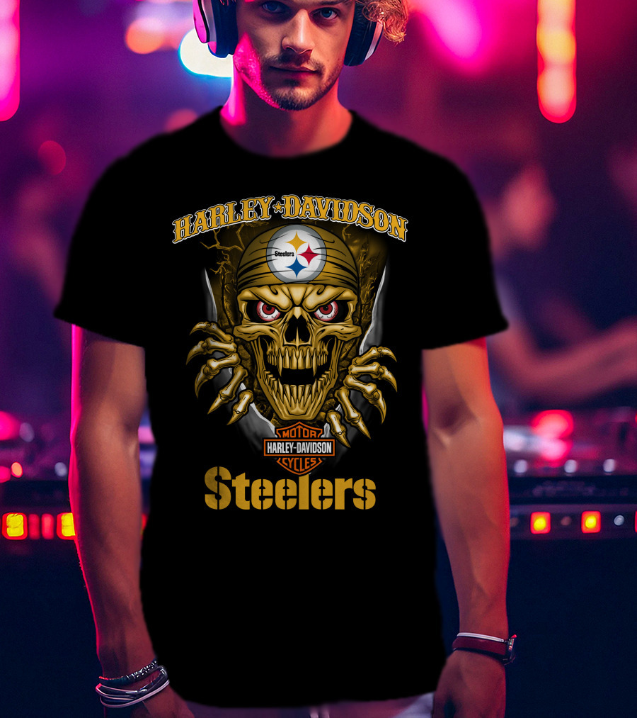 Harley Davidson Skull Steelers Moto Nfl Pittsburgh Steelers T-Shirt