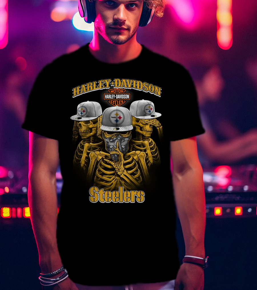 Harley Davidson Motor Cycles Steelers Skull Trio T-Shirt