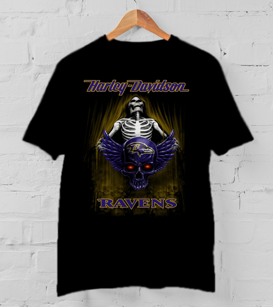 Harley Davidson Baltimore Ravens Skull Skeleton T-Shirt