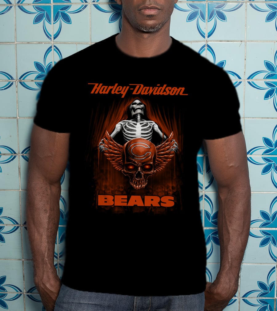 Harley Davidson Bears Nfl Chicago 0610 Skeleton Skull T-Shirt