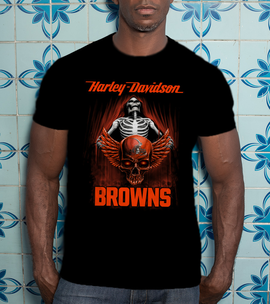 Harley Davidson Cleveland Browns Skull Wings T-Shirt