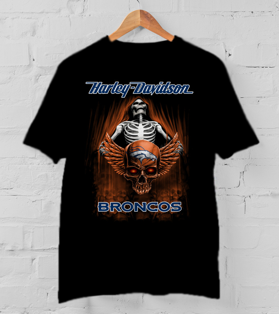 Harley Davidson Broncos Skull Skeleton Denver T-Shirt
