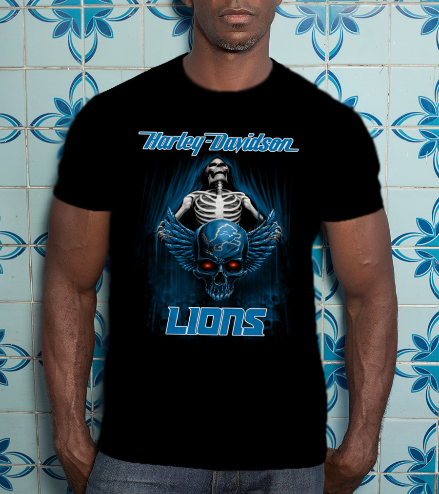 Harley Davidson Lions Skeleton And Winged Skull Detroit T-Shirt