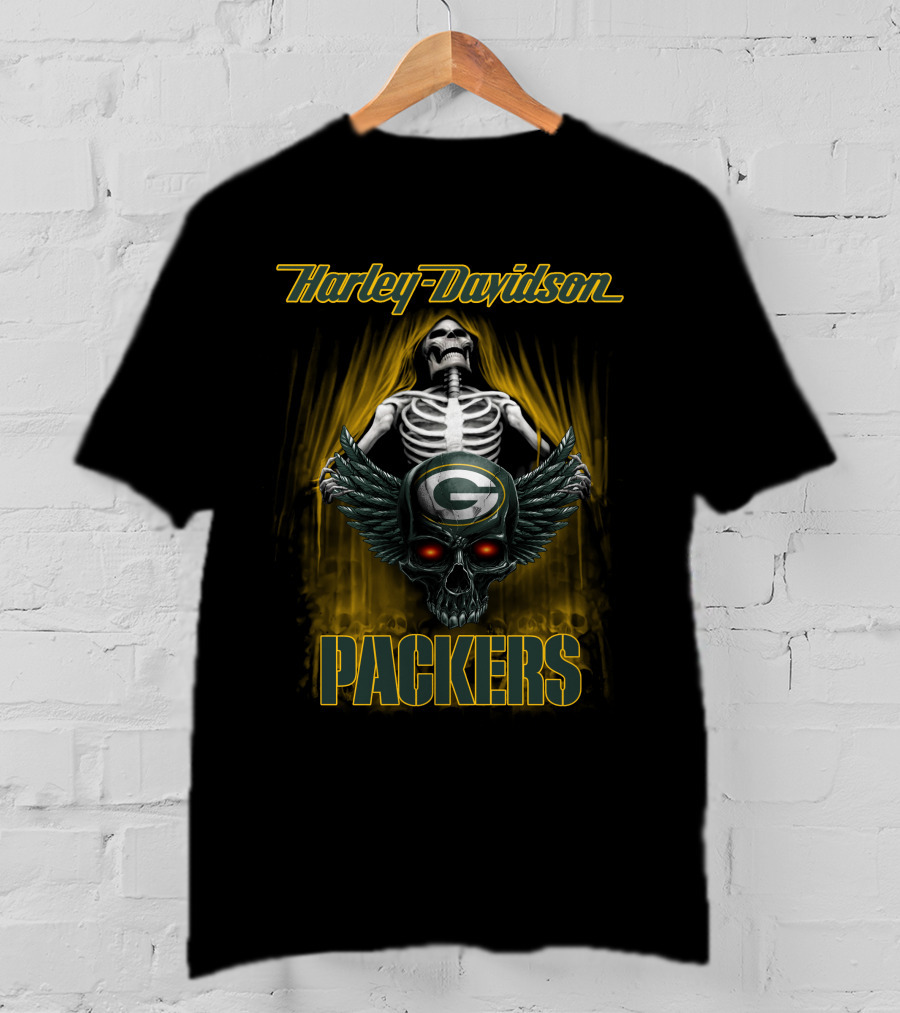 Harley Davidson Packers Skeleton Skull Wings Green Bay Nfl T-Shirt