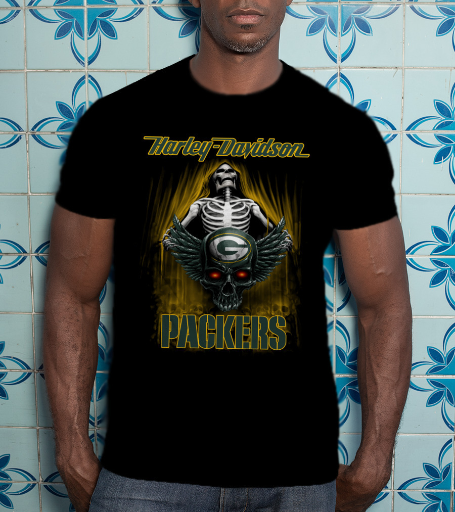 Harley Davidson Packers Skeleton Skull Wings Green Bay Nfl T-Shirt