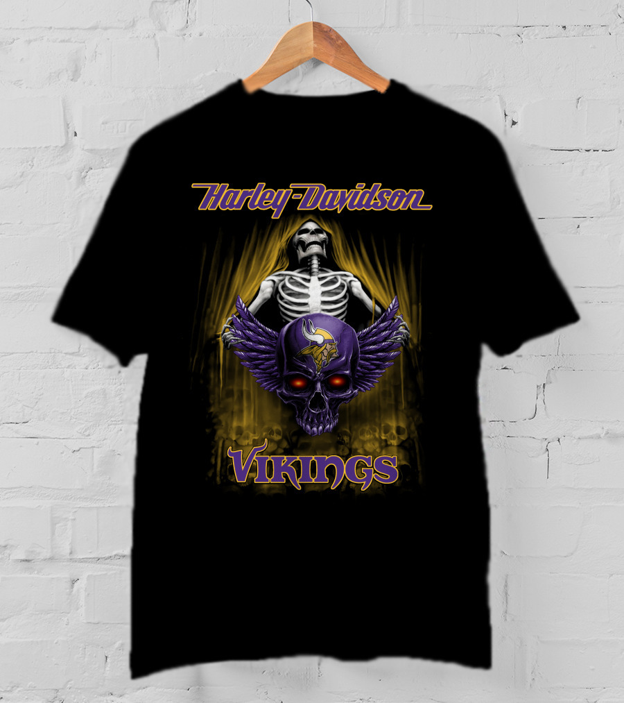 Harley Davidson Skeleton With Minnesota Vikings Skull Hdnfl 0610 T-Shirt