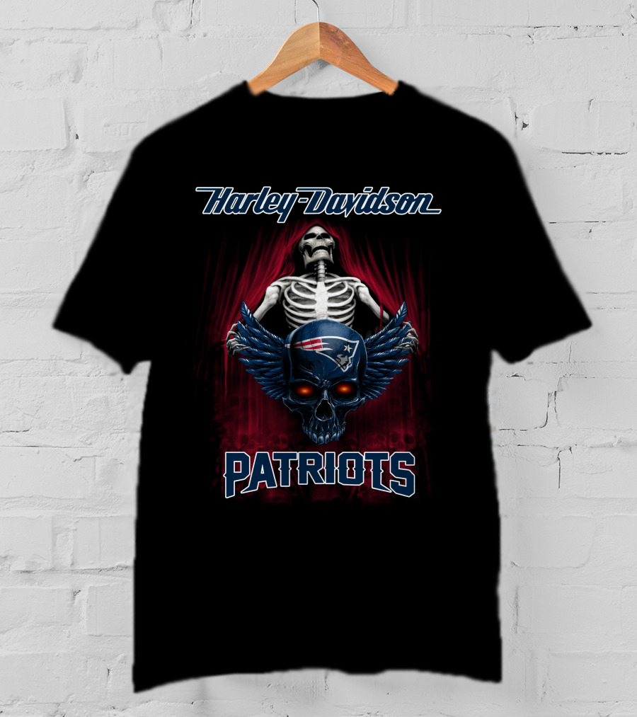 Harley Davidson Patriots Skeleton Skull Nfl New England T-Shirt