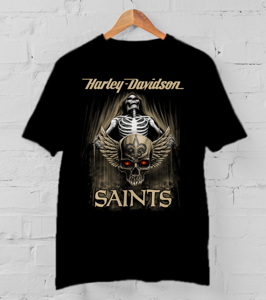 Harley Davidson New Orleans Saints Skull Skeleton Fleur-De-Lis T-Shirt