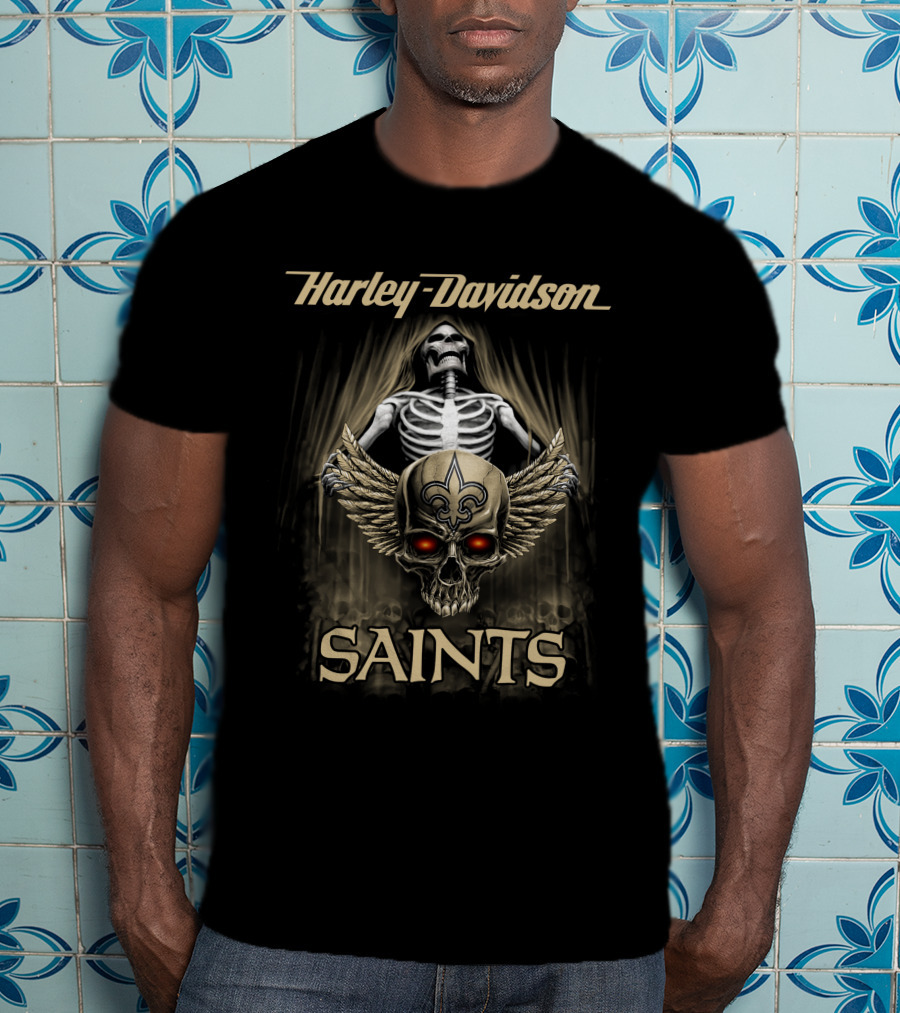 Harley Davidson New Orleans Saints Skull Skeleton Fleur-De-Lis T-Shirt