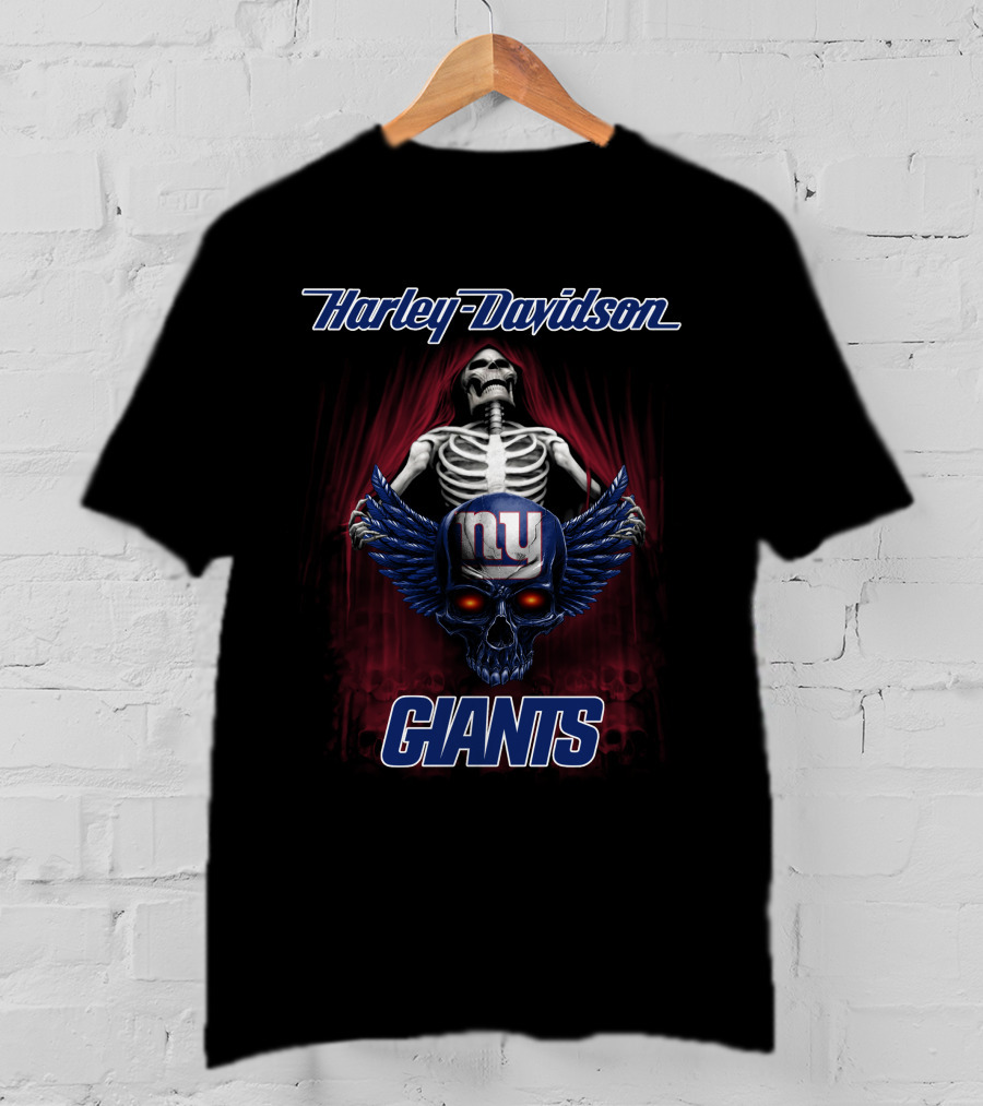 Harley Davidson New York Giants Skeleton Skull Wings T-Shirt
