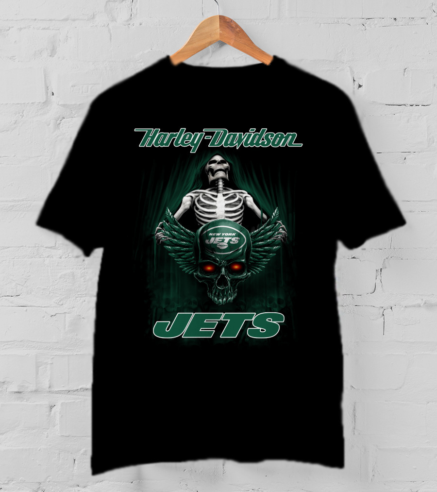 Harley Davidson New York Jets Skeleton Winged Skull T-Shirt