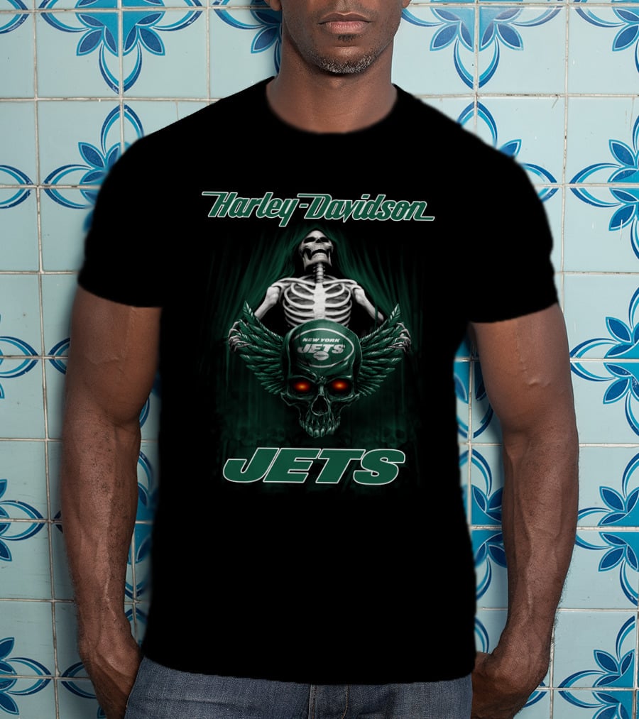 Harley Davidson New York Jets Skeleton Winged Skull T-Shirt