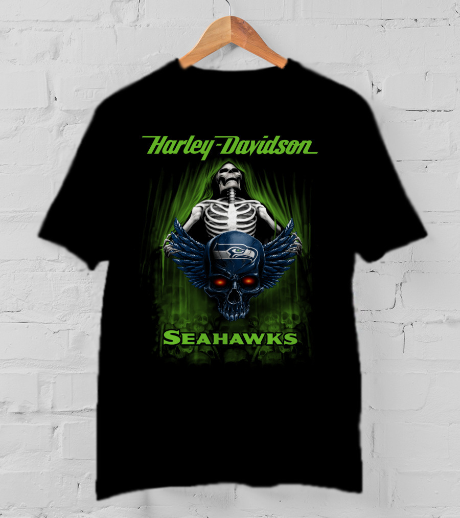 Harley Davidson Seattle Seahawks Skeleton Skull T-Shirt