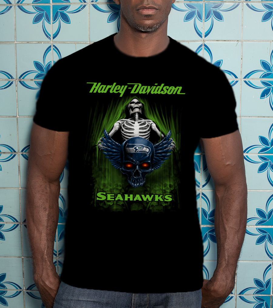Harley Davidson Seattle Seahawks Skeleton Skull T-Shirt