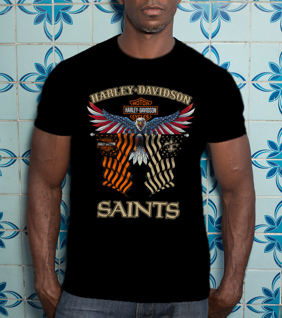 Harley Davidson Saints New Orleans Motorcycle Flag Eagle Fleur-De-Lis T-Shirt