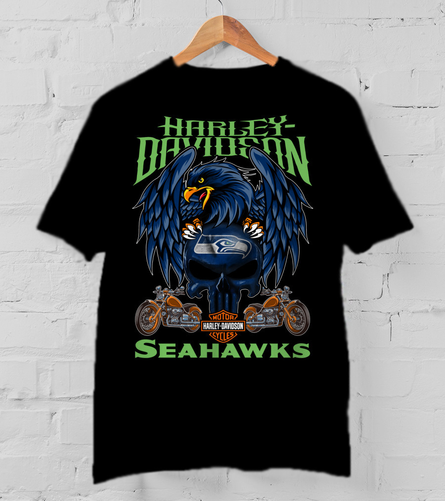Harley Davidson Seattle Seahawks Motorcycle Skull T-Shirt
